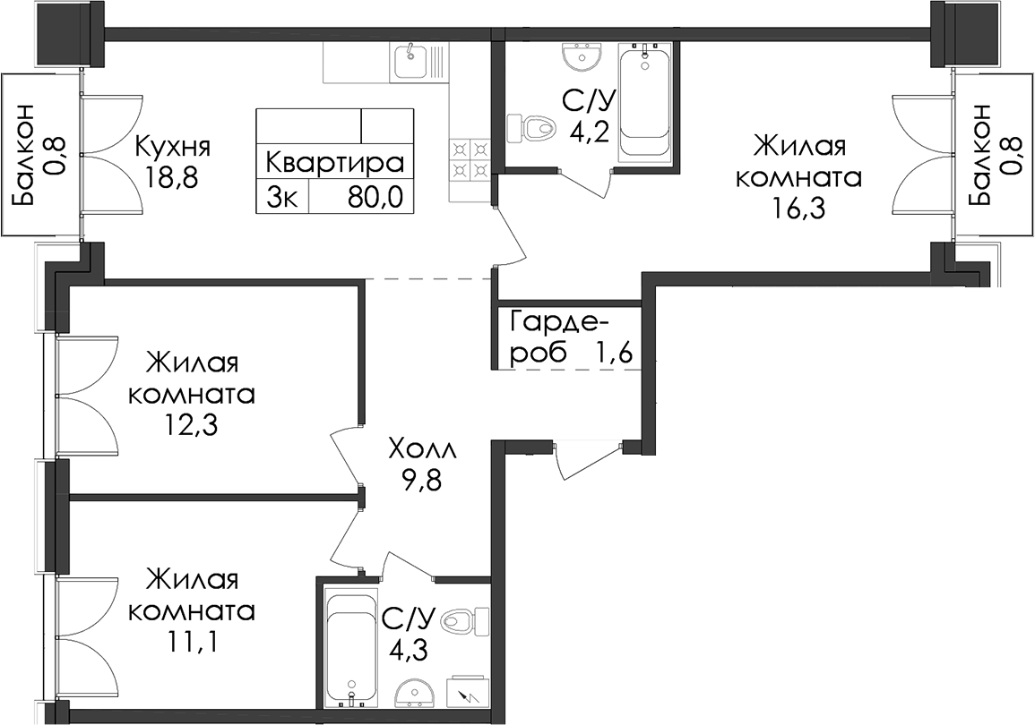 3-комнатная квартира 80 м², 2/9 эт., ЖК «Лермонтовский 54»
